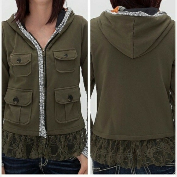 Anthropologie Olive Green Hooded Jacket With Lace Trim! - Picture 3 of 8